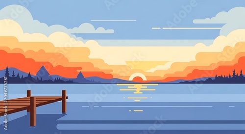 Serene sunset over tranquil water with city skyline.