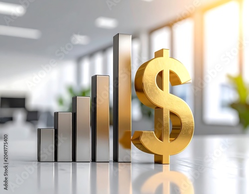 A 3D gold dollar sign beside a rising metallic bar graph on a reflective surface in a modern office