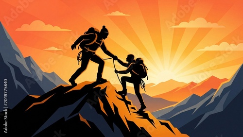 Two climbers in silhouette help each other ascend a mountain peak at sunset symbolizing teamwork and overcoming challenges