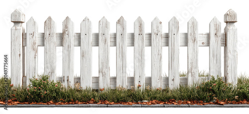 Distressed white picket fence with plants against a black background