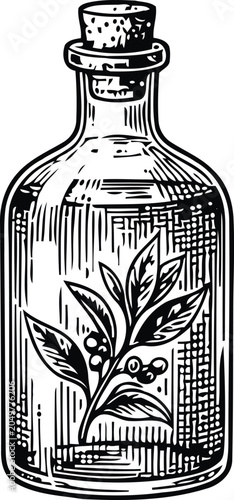 Obraz na płótnie Herbal elixir in vintage glass bottle with plant in engraving style during natur