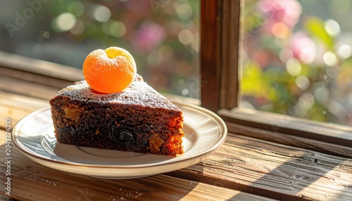 A Delightful Slice of Fruitcake Topped with a Sugared Apricot Beside a Sunlit Window