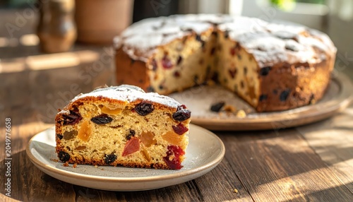 A delightful slice of homemade fruitcake dusted with powdered sugar sits on a small plate next to a whole cake