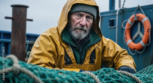 Fisherman wearing yellow jacket looks at green fishing nets on boat