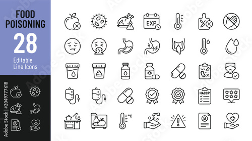 Foto Food Poisoning and Gastrointestinal Health Line Editable Icons set