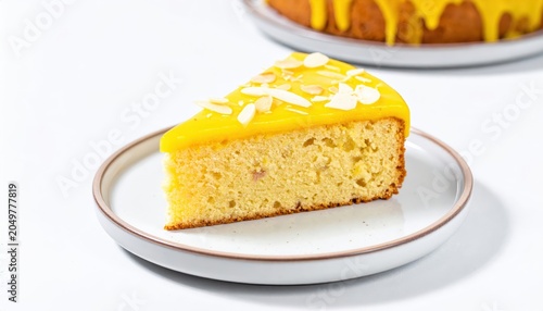 A delightful slice of lemon sponge cake with vibrant yellow glaze and almond slivers, presented on a white plate