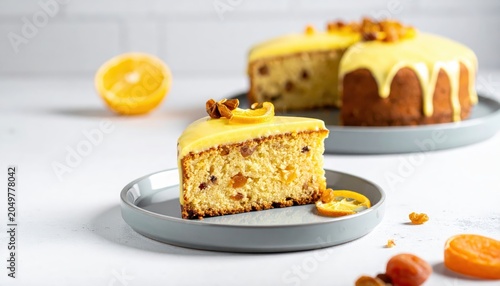 A delightful slice of sponge fruitcake with bright yellow lemon glaze and candied ginger topping served on a modern grey plate