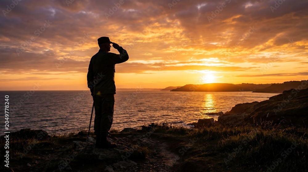 Fototapeta premium Silhouette of a saluting soldier standing on a cliff at sunset overlooking the ocean