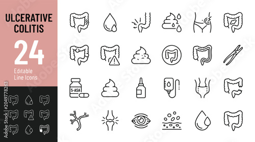 Ulcerative Colitis and IBD Line Editable Icons set. Vector illustration in modern thin line style of inflammatory bowel disease, colon health, stools, symptoms, medication, joint pain, and treatment.