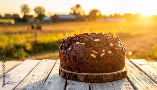 A dense and dark traditional fruitcake baked in a rustic setting during the golden hour with warm sunlight illuminating its rich texture