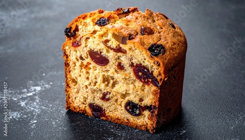 A dense and moist slice of traditional fruitcake featuring large pieces of fruit and nuts.