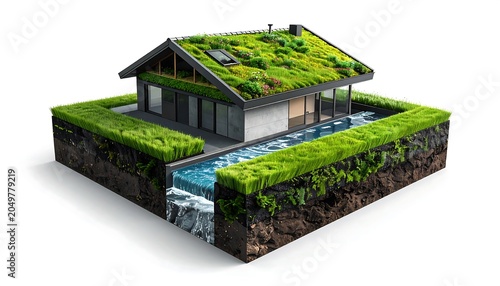A 3D illustration of a modern house with a green roof and a pool