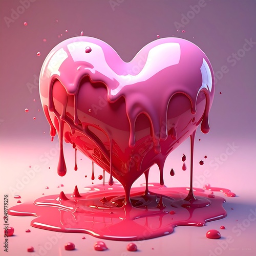 A 3D illustration of a melting pink heart with red liquid