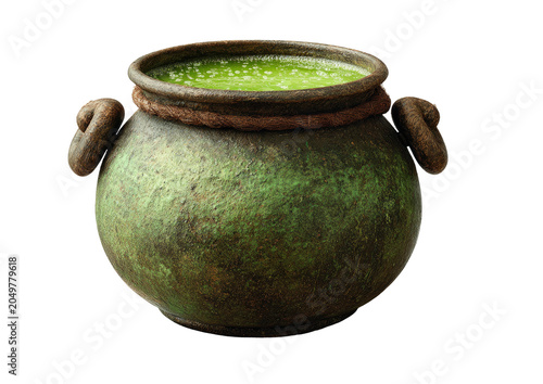 Potion bubbling in a green, aged cauldron