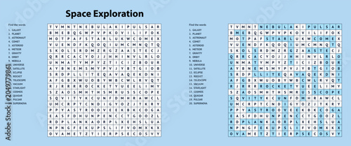 Bild auf Leinwand Space Exploration Word Search on Solid Blue Background