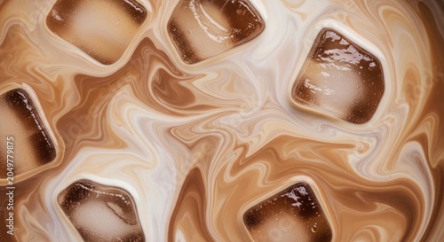 Iced coffee abstract swirling cream and coffee cubes refreshing beverage close up