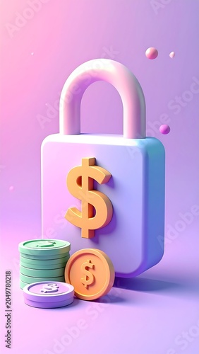A 3D illustration of a padlock with a dollar sign, coins, and a gradient background