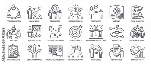 Modern set of business management and strategy line icons ideal for illustrating corporate processes teamwork and leadership in presentations and web des