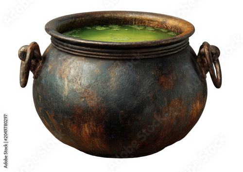 Bubbling cauldron with green liquid, rustic, dark, witchy vessel