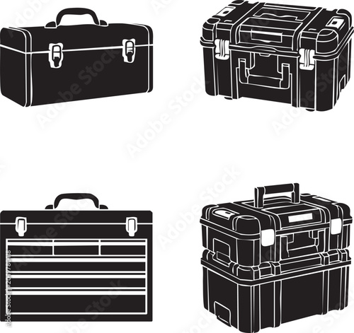 Silhouette of various toolboxes and cases in black on white background