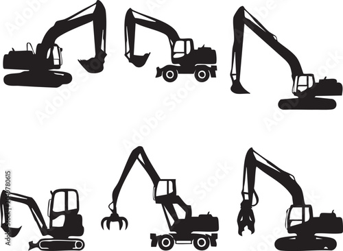 Construction equipment silhouettes excavators and diggers in various operational poses vector illustration