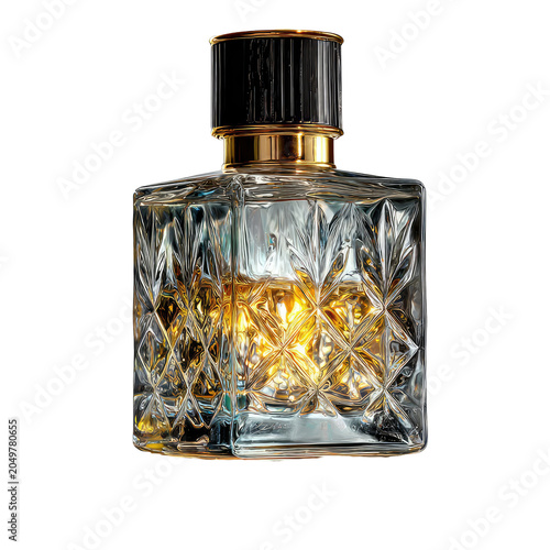 Faceted glass perfume bottle with golden liquid on a black backdrop