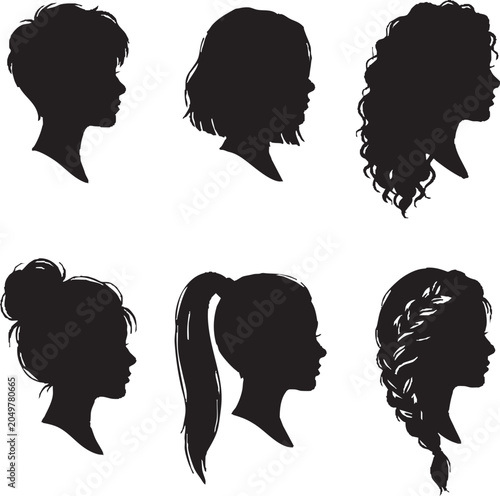 Six different silhouette profiles of women with various hairstyles