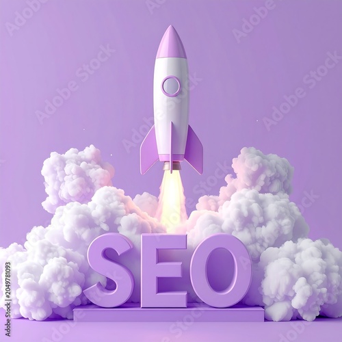 A 3D illustration of a rocket launching above the letters SEO surrounded by clouds