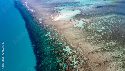 Aerial view of coral reef and ocean.