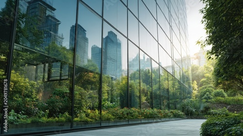 Modern glass building with urban greenery and city skyline reflection in daylight
