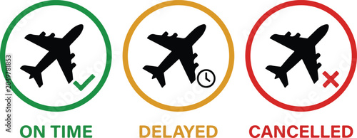 Airplane status icons for travel on time delayed and cancelled with airplane cancelled transport