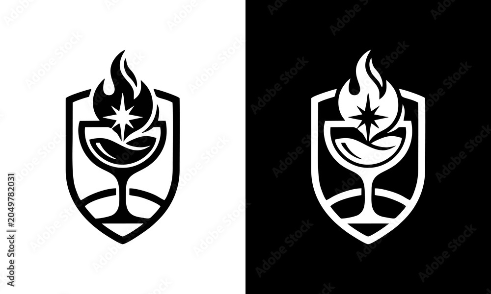 Obraz premium Minimalist shield and flaming goblet logo design set, modern emblem featuring fire and star elements for cocktail bar or restaurant branding