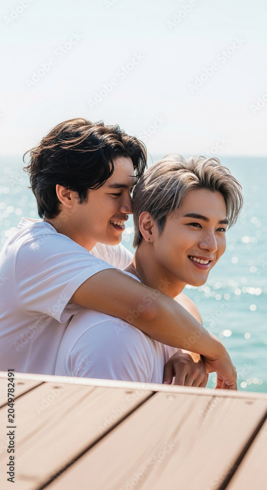 Obraz premium Two young men embracing on a wooden pier with the ocean in the background, symbolizing affection, joy, and summer leisure