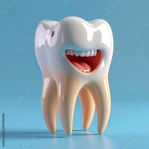 A 3D illustration of a smiling tooth with a wide grin