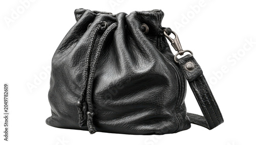 Black leather drawstring bag with strap, on a dark background