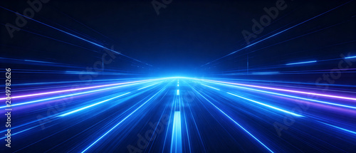 Abstract Neon Speed Lines: A stunning visual representation of speed and motion with vibrant neon blue and purple light streaks converging towards a vanishing point on a dark background.