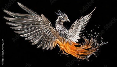 Phoenix rising from water with silver feathers and fiery tail.