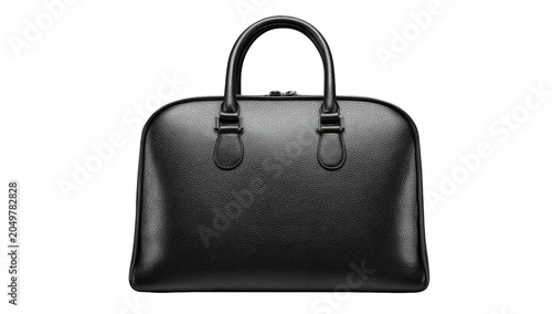 Sleek, black leather handbag with top handles on a dark backdrop