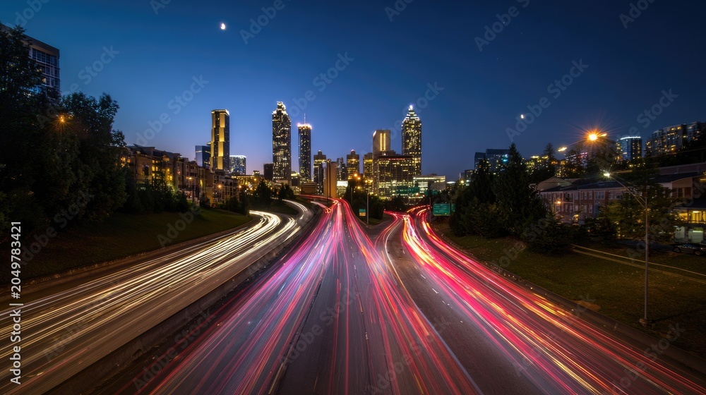 Fototapeta premium Cityscape at dusk with light trails from cars on highway