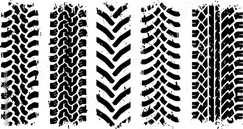 Five distinct black tire tread marks presented as a high quality vector graphic design set element