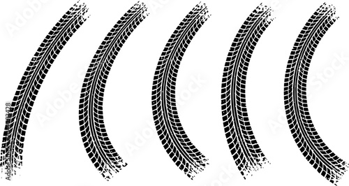 Five curved black tire track marks displayed as a high quality vector graphic design element collection