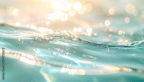 Close Up of Aqua Water Wave with Bubbles and Sparkling Light