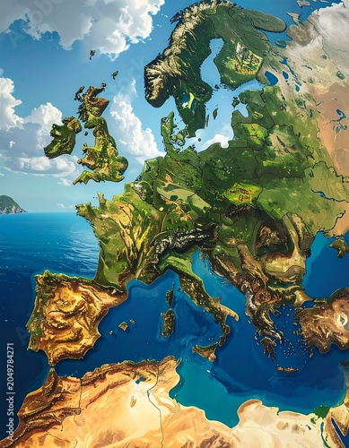 A 3D illustration of a world map with vibrant green and brown landmasses, blue oceans, and white clouds against a bright blue sky
