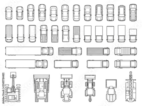 CAD Vehicle Outlines Top-view vector collection featuring cars, trucks, and construction equipment for technical drawings and site plans