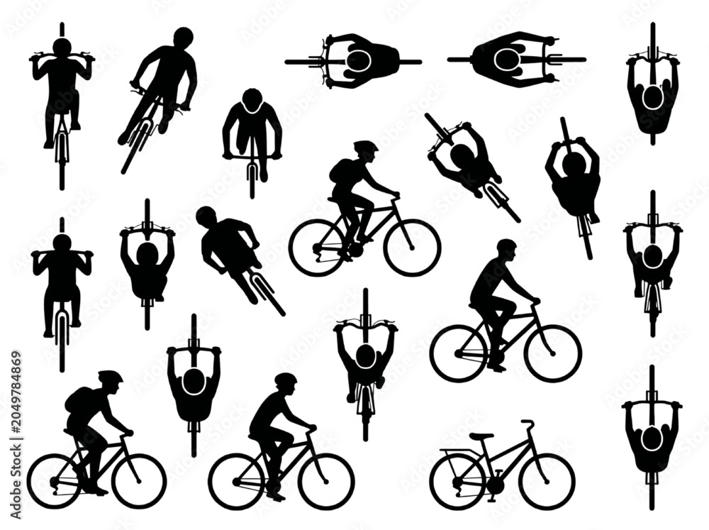Naklejka premium CAD-inspired vector silhouettes of diverse cyclists and bicycles. Dynamic graphic assets for sports design, fitness applications, and technical illustrations