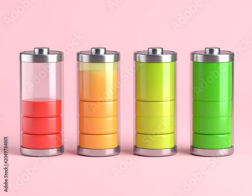 A 3D illustration of four battery icons in different charging levels