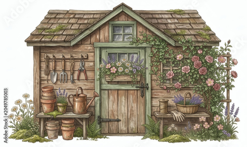 Watercolor garden shed with climbing roses and rustic backyard tools
