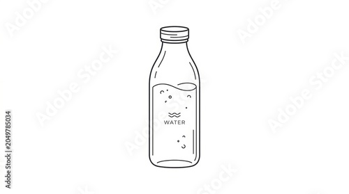 Minimalist line art icon of a glass water bottle with bubbles isolated on a plain white background