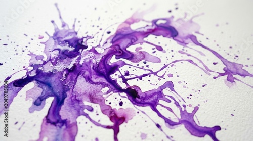 Abstract purple watercolor paint splash on textured white paper background with liquid organic drops