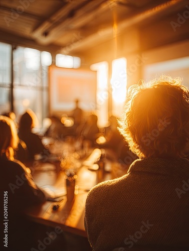 Backlit group in modern room watches presentation during sunset